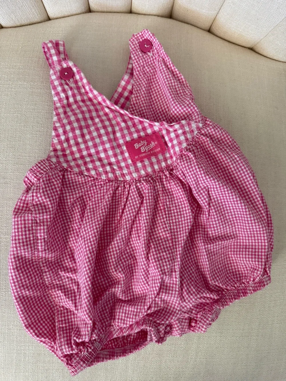 18mos vintage OshKosh Baby B'gosh VESTBAK gingham PINK romper overalls COTTON